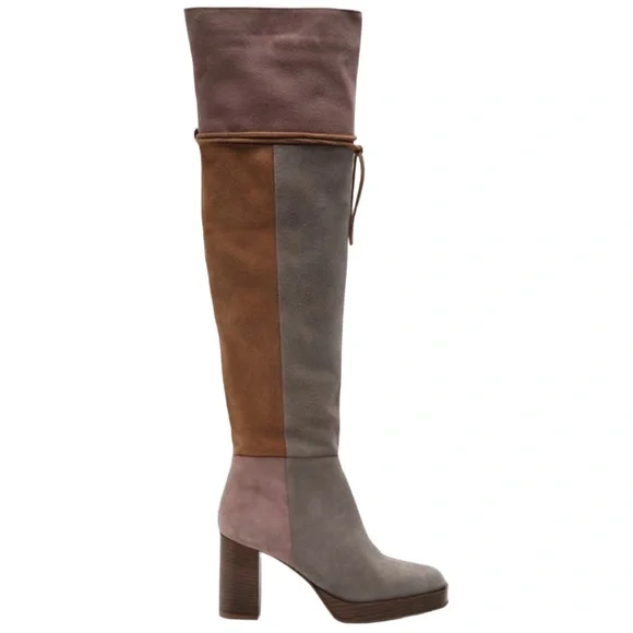 New Free People Patchwork Platform Over-The-Knee Tall Suede Leather Boots Italy